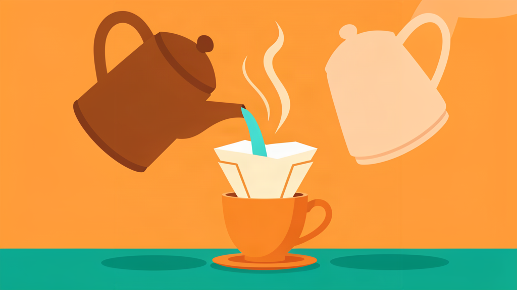 Een koffiepot die wordt uitgeschonken in een kop met een papieren filter en trechter, met opstijgende stoom