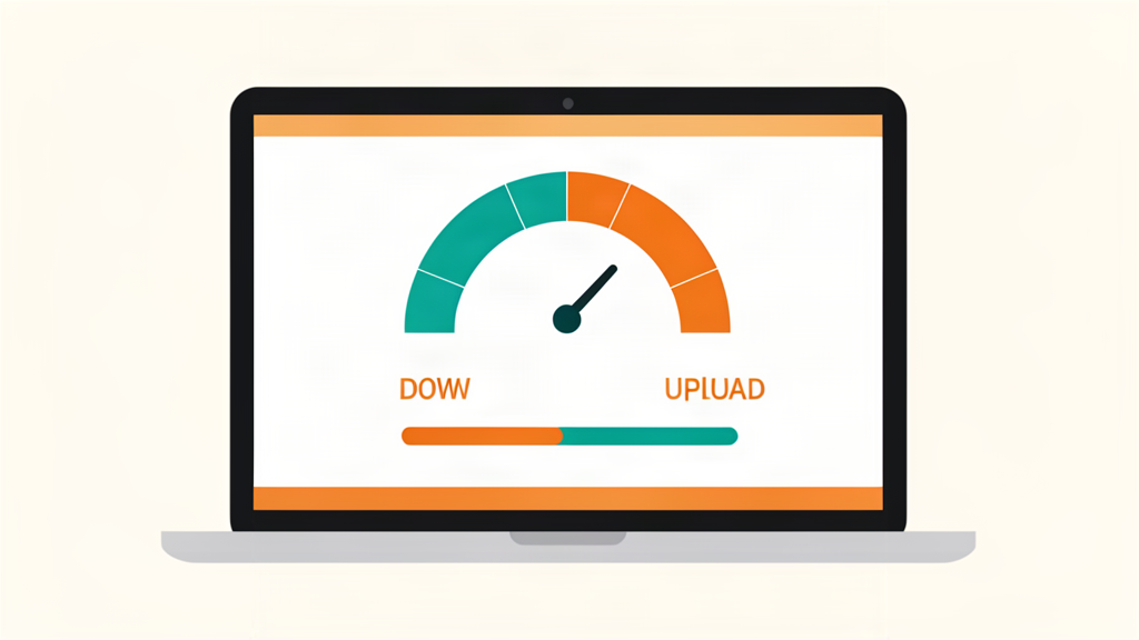Een laptop met een snelheidstestmeter met download- en uploadmeters en een voortgangsbalk