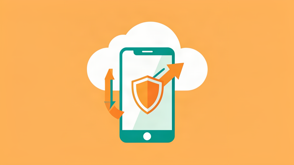 Een smartphone die verbonden is met een cloud en back-upbestanden herstelt met een schildicoon voor beveiliging
