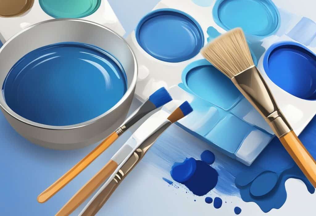 Verschillende tinten blauwe verf en penselen op een palet. Een mengkom met verschillende blauwe pigmenten. Een doek met blauwe kleurstalen en een verfkwast in beweging